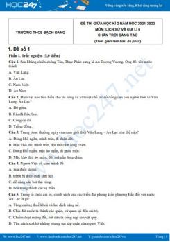 Bộ 5 đề thi giữa HK2 môn Lịch sử và Địa lí 6 CTST có đáp án năm 2021-2022 Trường THCS Bạch Đằng