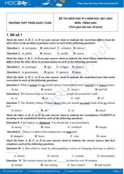 Bộ 5 đề thi giữa HK2 môn Tiếng Anh 10 có đáp án năm 2021-2022 Trường THPT Trần Quốc Tuấn