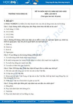 Bộ 5 đề thi giữa HK2 môn Lịch sử 9 có đáp án năm 2021-2022 Trường THCS Hồng Hà