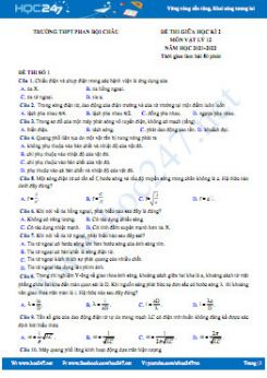 Bộ 5 đề thi giữa HK2 môn Vật Lý năm 2021-2022 có đáp án Trường THPT Phan Bội Châu