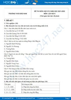 Bộ 5 đề thi giữa HK2 môn Lịch sử 8 có đáp án năm 2021-2022 Trường THCS Sào Nam