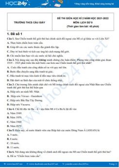 Bộ 5 đề thi giữa HK2 môn Lịch sử 9 có đáp án năm 2021-2022 Trường THCS Cầu Giấy