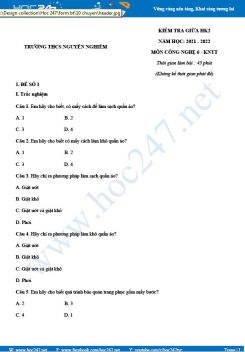 Bộ 5 đề thi giữa HK2 môn Công nghệ  6 KNTT năm 2021-2022 -Trường THCS Nguyễn Nghiêm có đáp án