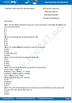 Bộ 5 đề thi giữa HK2 môn Hóa học 12 năm học 2021-2022 có đáp án Trường THPT Nguyễn Thị Minh Khai