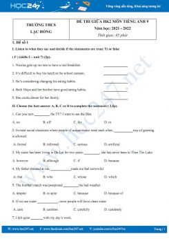 Bộ 5 đề thi giữa HK2 môn Tiếng Anh 9 năm học 2021-2022 Trường THCS Lạc Hồng