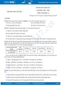Bộ 5 đề thi giữa HK2 môn Sinh học 12 năm 2021-2022 - Trường THPT Yên Hòa có đáp án