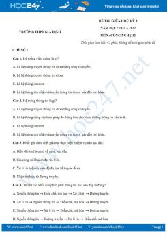 Bộ 5 đề thi giữa HK2 môn Công nghệ 12 năm 2021-2022 - Trường THPT Gia Định có đáp án