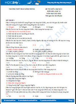 Bộ 5 đề thi giữa HK2 môn Hóa học 12 năm học 2021-2022 có đáp án Trường THPT Phan Đình Phùng