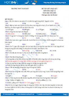 Bộ 5 đề thi giữa HK2 môn Hóa học 12 năm học 2021-2022 có đáp án Trường THPT Nam Đàn