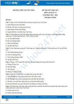 Bộ 5 đề thi giữa HK2 môn Lịch Sử 12 năm 2021-2022 có đáp án Trường THPT Nguyễn Trãi