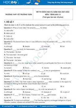 Bộ 5 đề thi giữa HK2 môn Tiếng Anh 12 có đáp án năm 2021-2022 Trường THPT Võ Trường Toản