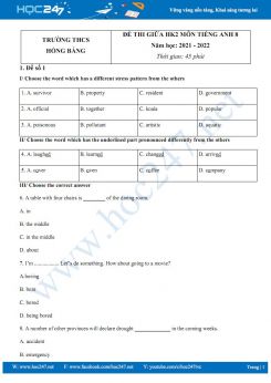 Bộ 5 đề thi giữa HK2 môn Tiếng Anh 8 năm học 2021-2022 Trường THCS Hồng Bàng