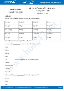 Bộ 5 đề thi giữa HK2 môn Tiếng Anh 7 năm học 2021-2022 Trường THCS Nguyễn Thị Định