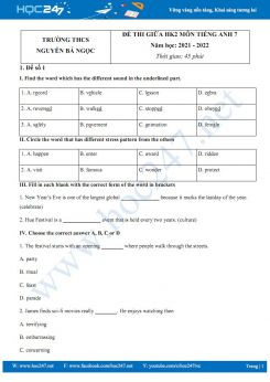 Bộ 5 đề thi giữa HK2 môn Tiếng Anh 7 năm học 2021-2022 Trường THCS Nguyễn Bá Ngọc