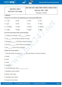Bộ 5 đề thi giữa HK2 môn Tiếng Anh 6 CTST năm học 2021-2022 Trường THCS Nguyễn Văn Nghi