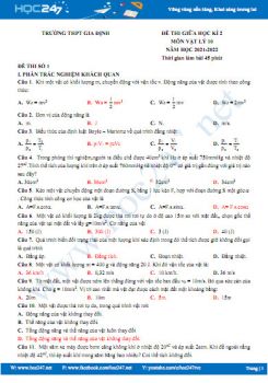 Bộ 5 đề thi giữa HK2 môn Vật Lý 10 năm học 2021-2022 có đáp án Trường THPT Gia Định