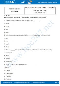 Bộ 5 đề thi giữa HK2 môn Tiếng Anh 6 CTST năm học 2021-2022 Trường THCS Lam Sơn