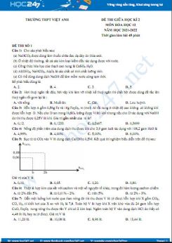 Bộ 5 đề thi giữa HK2 môn Hóa học 12 năm 2021-2022 có đáp án Trường THPT Việt Anh