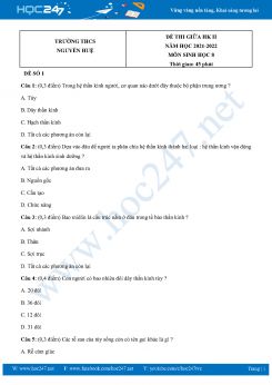 Bộ 5 Đề thi giữa HK2 môn Sinh Học 8 năm 2021-2022 Trường THCS Nguyễn Huệ có đáp án