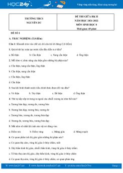 Bộ 5 Đề thi giữa HK2 môn Sinh Học 8 năm 2021-2022 Trường THCS Nguyễn Du có đáp án