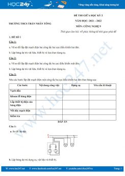 Bộ 5 đề thi giữa HK2 môn Công nghệ 9 năm 2021-2022 - Trường THCS Trần Nhân Tông có đáp án