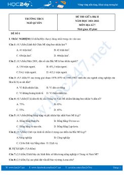Bộ 5 Đề thi giữa HK2 môn Địa Lí 7 năm 2021-2022 Trường THCS Ngô Quyền có đáp án