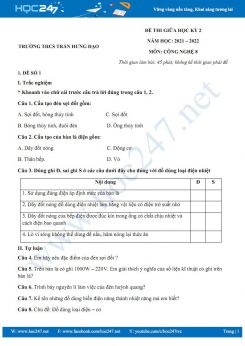 Bộ 5 đề thi giữa HK2 môn Công nghệ 8 năm 2021-2022 - Trường THCS Trần Hưng Đạo có đáp án