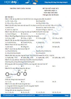 Bộ 5 đề thi giữa HK2 môn Hóa học 11 năm 2021-2022 có đáp án Trường THPT Châu Thành