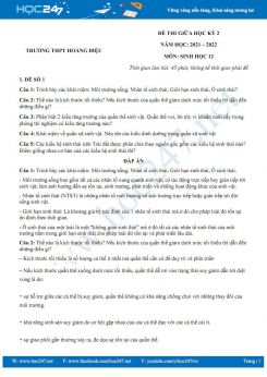 Bộ 5 đề thi giữa HK2 môn Sinh học 12 năm 2021-2022 - Trường THPT Hoàng Diệu có đáp án