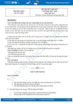 Bộ 3 đề thi giữa HK2 môn Ngữ văn 7 năm 2021-2022 có đáp án trường THCS Lê Văn Việt