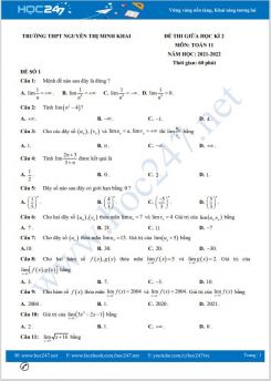 Bộ 5 đề thi giữa HK2 môn Toán 11 năm 2021-2022 có đáp án Trường THPT Nguyễn Thị Minh Khai