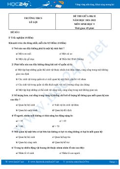 Bộ 5 Đề thi giữa HK2 môn Sinh Học 9 năm 2021-2022 Trường THCS Lê Lợi có đáp án