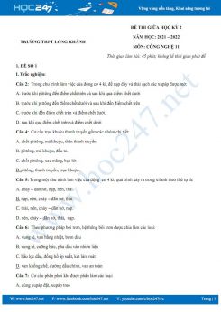Bộ 5 đề thi giữa HK2 môn Công nghệ 11 năm 2021-2022 - Trường THPT Long Khánh có đáp án