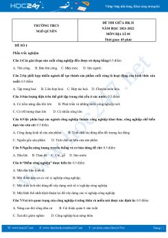 Bộ 5 Đề thi giữa HK2 môn Địa Lí 10 năm 2021-2022 Trường THPT Ngô Quyền có đáp án