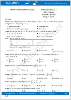 Bộ 5 đề thi giữa HK2 môn Toán 10 năm 2021-2022 có đáp án Trường THPT Nguyễn Hữu Thọ
