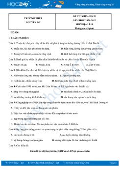 Bộ 5 Đề thi giữa HK2 môn Địa Lí 11 năm 2021-2022 Trường THPT Nguyễn Du có đáp án