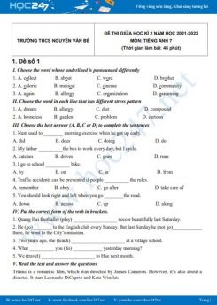 Bộ 5 đề thi giữa HK2 môn Tiếng Anh 7 có đáp án năm 2021-2022 Trường THCS Nguyễn Văn Bé
