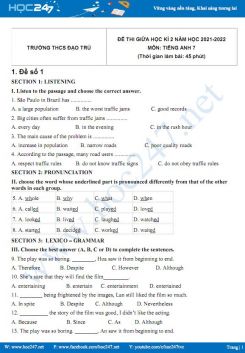 Bộ 5 đề thi giữa HK2 môn Tiếng Anh 7 có đáp án năm 2021-2022 Trường THCS Đạo Trù