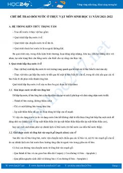 Ôn thi HSG Chủ đề Trao Đổi Nước Ở Thực Vật môn Sinh học 11 năm 2021-2022