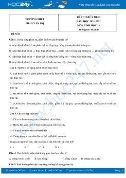 Bộ 5 Đề thi giữa HK2 môn Sinh Học 11 năm 2021-2022 Trường THPT Phan Văn Trị có đáp án