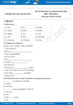 Bộ 5 đề thi giữa HK2 môn Tiếng Anh 3 có đáp án năm 2021-2022 Trường TH Cao Bá Quát