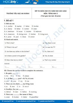 Bộ 5 đề thi giữa HK2 môn Tiếng Anh 3 có đáp án năm 2021-2022 Trường TH An Khánh