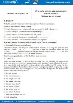 Bộ 5 đề thi giữa HK2 môn Tiếng Anh 4 có đáp án năm 2021-2022 Trường TH Cổ Loa