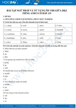 Bài tập ngữ pháp và từ vựng ôn thi giữa HK2 Tiếng Anh 5 có đáp án