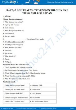Bài tập ngữ pháp và từ vựng ôn thi giữa HK2 Tiếng Anh 4 có đáp án