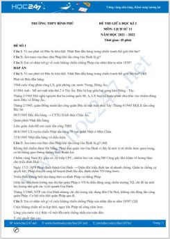 Bộ 5 đề thi giữa HK2 môn Lịch Sử 11 năm 2021-2022 có đáp án Trường THPT Bình Phú
