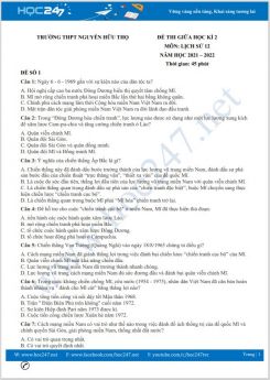 Bộ 5 đề thi giữa HK2 môn Lịch Sử 12 năm 2021-2022 có đáp án Trường THPT Nguyễn Hữu Thọ