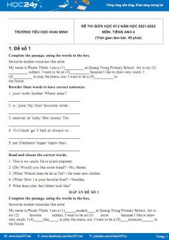 Bộ 5 đề thi giữa HK2 môn Tiếng Anh 4 có đáp án năm 2021-2022 Trường TH Khai Minh