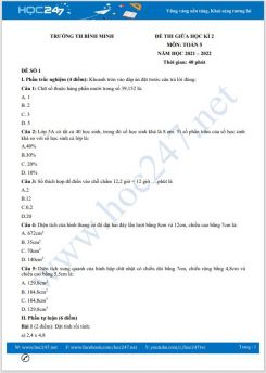 Bộ 5 đề thi giữa HK2 môn Toán 5 năm 2021-2022 có đáp án Trường TH Bình Minh