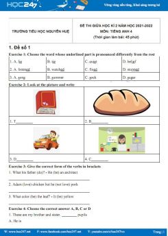 Bộ 5 đề thi giữa HK2 môn Tiếng Anh 4 có đáp án năm 2021-2022 Trường TH Nguyễn Huệ